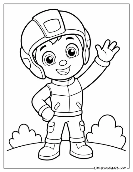 Chibi Ryder Waving With a Crooked Helmet and Big Shiny Eyes Coloring Page