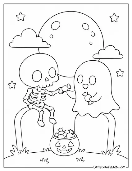 Chibi Skeleton and Ghost Sitting on Tombstones Sharing Candy in the Moonlight Coloring Page