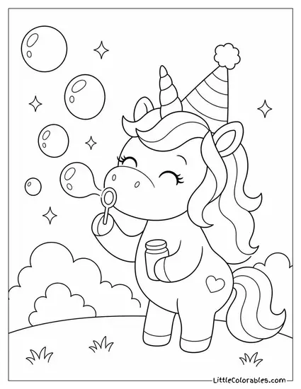Chibi Unicorn Blowing Sparkly Bubbles With a Party Hat Coloring Page