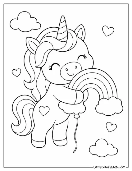Chibi Unicorn Hugging a Tiny Rainbow Shaped Balloon Coloring Page