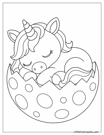 Chibi Unicorn Napping Curled Up Inside Half an Eggshell Coloring Page