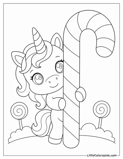 Chibi Unicorn Peeking Around a Giant Candy Cane Coloring Page