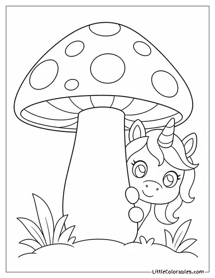 Chibi Unicorn Peeking Out From Behind a Giant Mushroom Coloring Page
