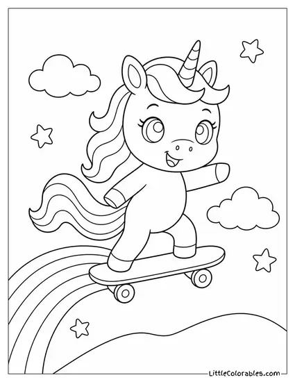 Chibi Unicorn Riding a Skateboard With a Rainbow Trail Behind It Coloring Page