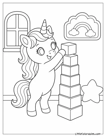 Chibi Unicorn Stacking Rainbow Colored Blocks Taller Than Itself Coloring Page