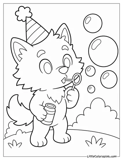 Chibi Werewolf Blowing Sparkly Bubbles With a Party Hat On Coloring Page