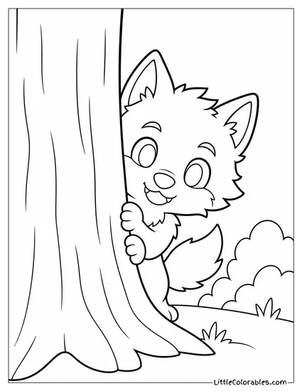Chibi Werewolf Peeking Out From Behind a Giant Tree Trunk Coloring Page