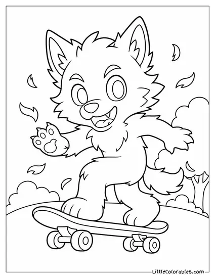 Chibi Werewolf Riding a Skateboard With Fur Flying Everywhere Coloring Page