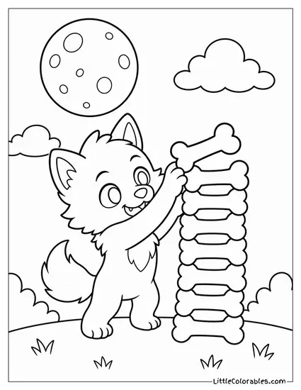 Chibi Werewolf Stacking Bones Taller Than Itself Coloring Page
