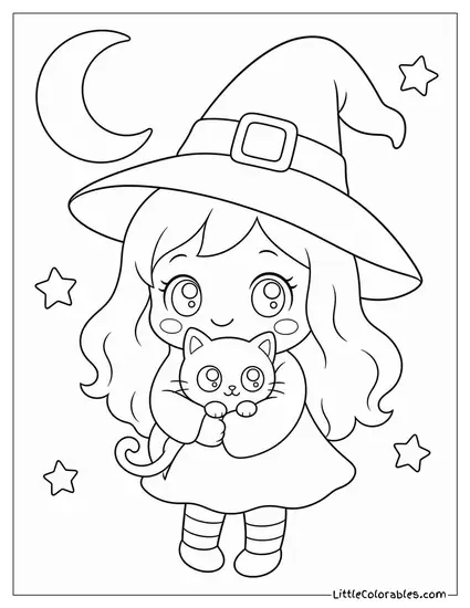 Chibi Witch Hugging a Tiny Black Cat With Big Sparkly Eyes Coloring Page