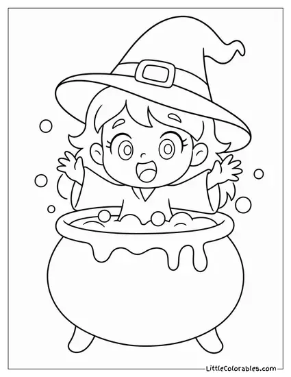 Chibi Witch Popping Out of a Cauldron With a Surprised Grin Coloring Page