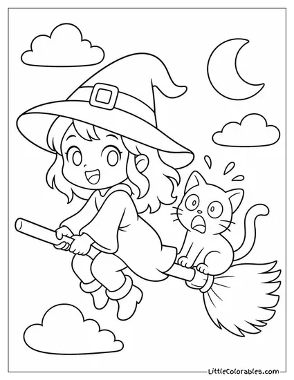 Chibi Witch Riding a Broomstick With a Startled Black Cat Behind Her Coloring Page