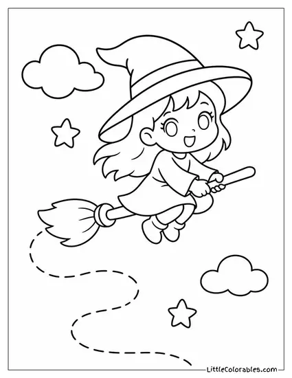 Chibi Witch Riding a Tiny Broomstick With a Wobbly Flight Path Coloring Page