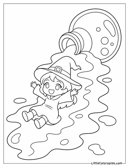 Chibi Witch Sliding Down a Rainbow Colored Potion Spill Coloring Page