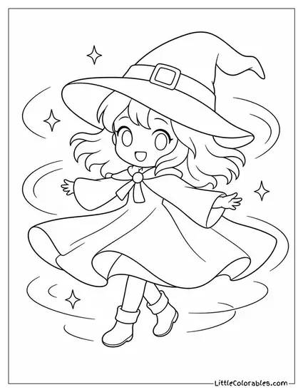 Chibi Witch Spinning in Circles With Her Cloak Flaring Out Coloring Page