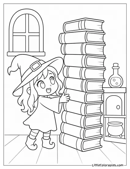 Chibi Witch Stacking Spellbooks Taller Than Herself Coloring Page