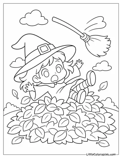 Chibi Witch Tumbling Off Her Broomstick Into a Pile of Leaves Coloring Page