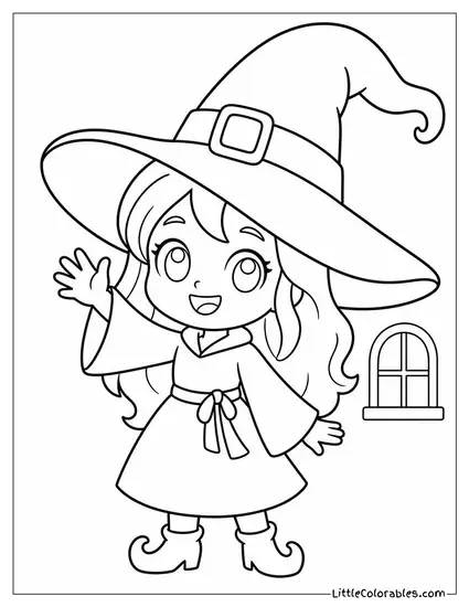 Chibi Witch Waving With an Oversized Pointed Hat Coloring Page