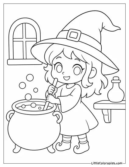 Chibi Witch With an Oversized Cauldron Bubbling Beside Her Coloring Page