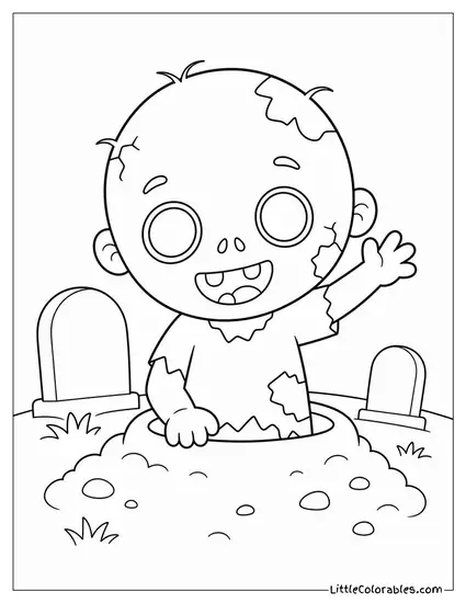 Chibi Zombie Waving From a Grave With a Big Round Head and Stubby Arms Coloring Page
