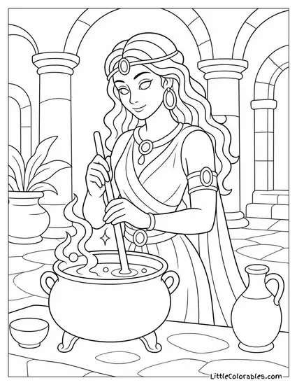 Circe Stirring a Glowing Potion in an Ancient Stone Courtyard Coloring Page