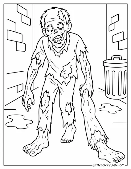Creepy Realistic Zombie Dragging a Mangled Leg Through a Dark Alley Coloring Page