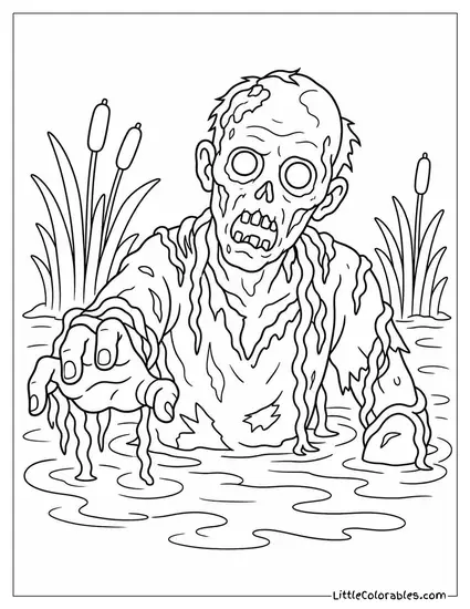 Creepy Realistic Zombie Emerging From Murky Swamp Water With Weeds Tangled Around It Coloring Page