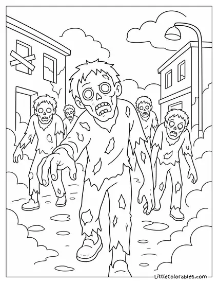 Creepy Realistic Zombie Horde Shambling Through a Foggy Abandoned Street Coloring Page