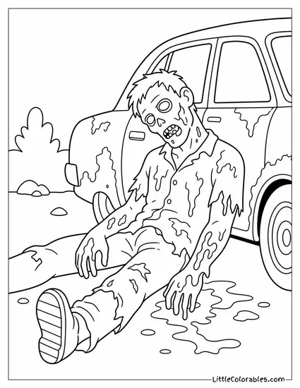 Creepy Realistic Zombie Slumped Against a Rusted Car With Blood Stained Hands Coloring Page