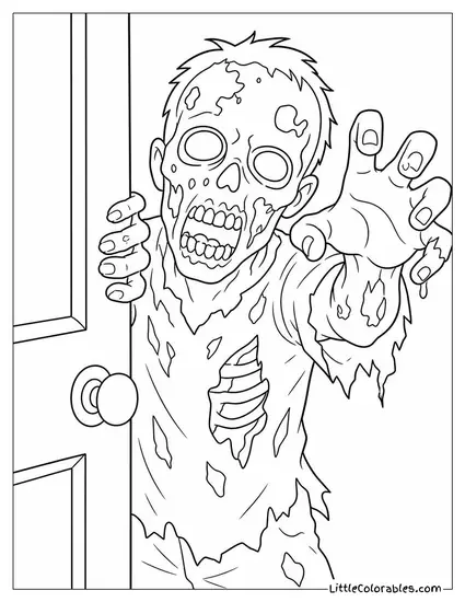 Creepy Realistic Zombie With Exposed Bone and Rotting Flesh Clawing at a Door Coloring Page