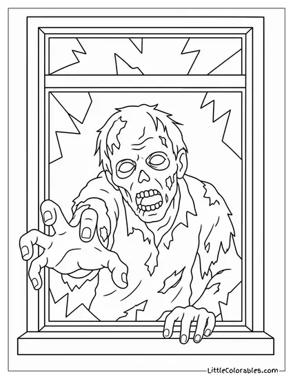 Creepy Realistic Zombie With Milky Dead Eyes Reaching Through a Broken Window Coloring Page