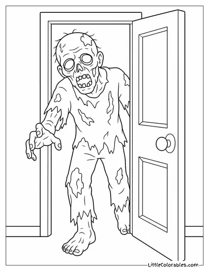 Creepy Realistic Zombie With Torn Clothing and Decayed Skin Lurking in a Doorway Coloring Page