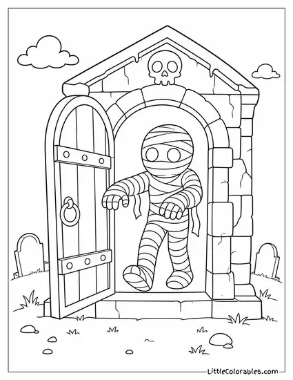 Crypt Door Swinging Open With Glowing Eyes and a Mummy Shuffling Out Coloring Page