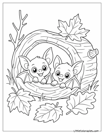 Cute Baby Bats Peeking Out of a Cozy Hollow Log with Autumn Leaves Around Them Coloring Page