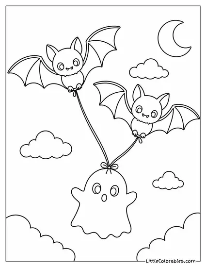 Cute Bats Flying with a Small Ghost Tied to Their Wings Like Balloons Coloring Page