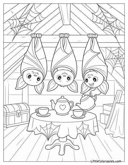 Cute Bats Having a Tea Party Upside Down in a Cobweb Draped Attic Coloring Page