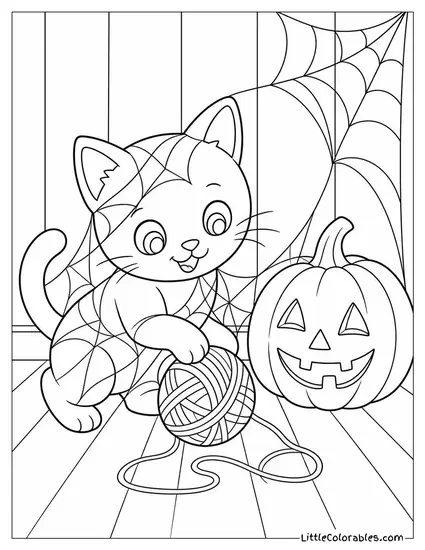 Cute Black Cat Playing with a Ball of Yarn Tangled in Cobwebs Beside a Jack-o-Lantern Coloring Page