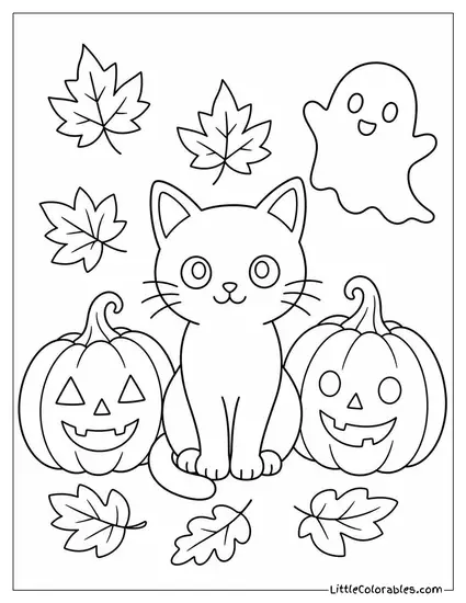 Cute Black Cat Sitting Between Two Pumpkins with Autumn Leaves and a Small Ghost Coloring Page