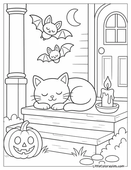 Cute Black Cat Sleeping on a Haunted Porch Step with a Candle and Sleepy Bats Above Coloring Page