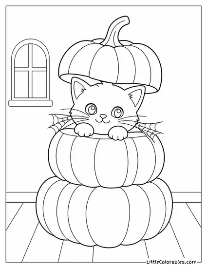 Cute Black Kitten Peeking Out from a Stack of Pumpkins with Cobwebs on Its Whiskers Coloring Page