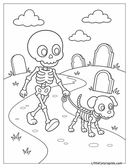 Cute Graveyard With a Gentle Skeleton Walking a Skeleton Dog Past Crooked Crosses Coloring Page