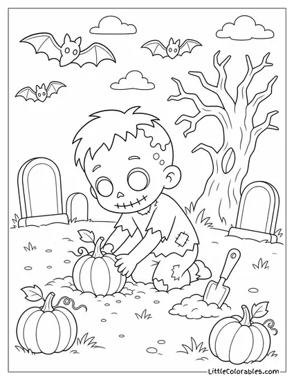 Cute Graveyard With a Small Zombie Planting Pumpkins as Bats Flutter Around Coloring Page