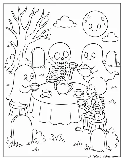 Cute Graveyard With Friendly Ghosts and Skeletons Having a Tea Party Among Tombstones Coloring Page
