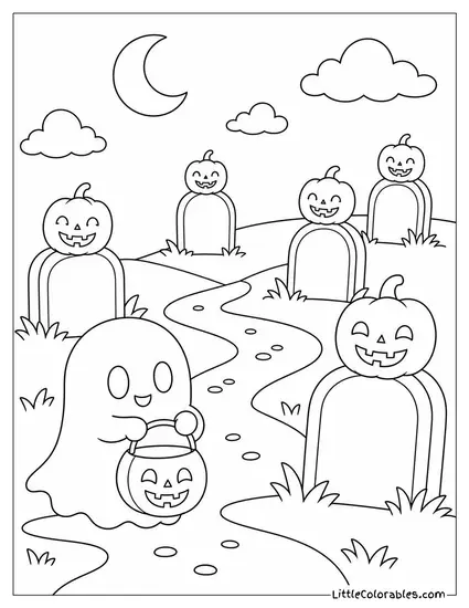 Cute Graveyard With Jack O Lanterns on Every Tombstone and a Tiny Ghost Trick or Treating Coloring Page