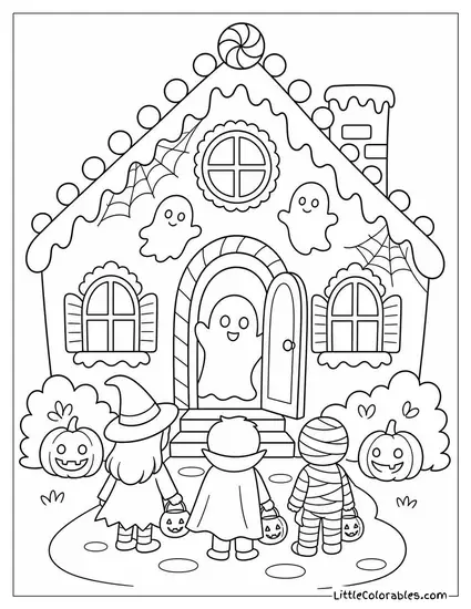 Cute Haunted House with a Gingerbread Style Roof, Cobwebs and Trick or Treaters at the Door Coloring Page