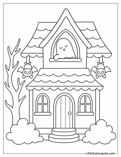 Cute Haunted House with a Sleepy Ghost in the Attic Window and Bats Hanging from the Eaves Coloring Page