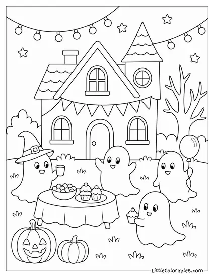 Cute Haunted House with Friendly Ghosts Hosting a Party in the Yard Under Twinkling Lights Coloring Page