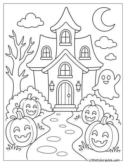 Cute Haunted House with Smiling Jack O Lanterns Lining the Path and a Small Ghost Waving Coloring Page
