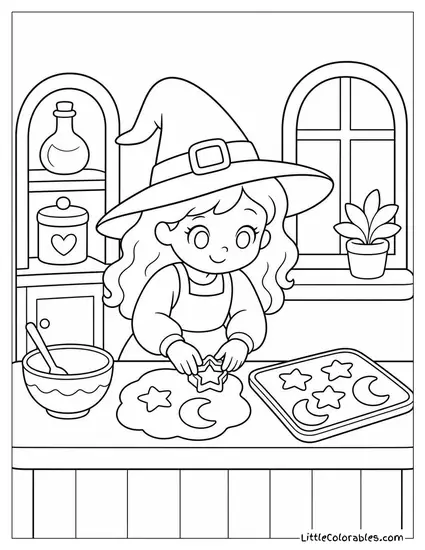 Cute Witch Baking Cookies Shaped Like Stars and Moons in Her Cottage Coloring Page
