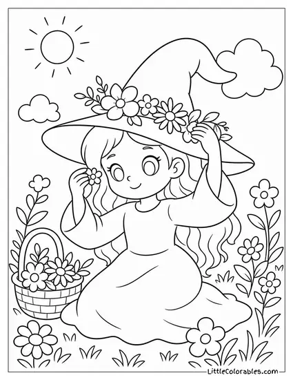 Cute Witch Decorating Her Hat With Wildflowers in a Sunny Meadow Coloring Page